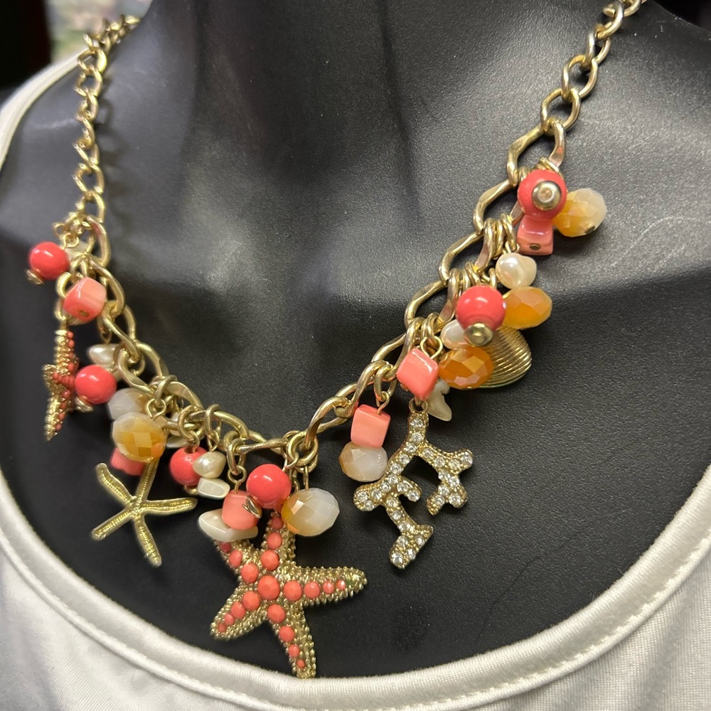 Gold and Coral Starfish Charm Necklace